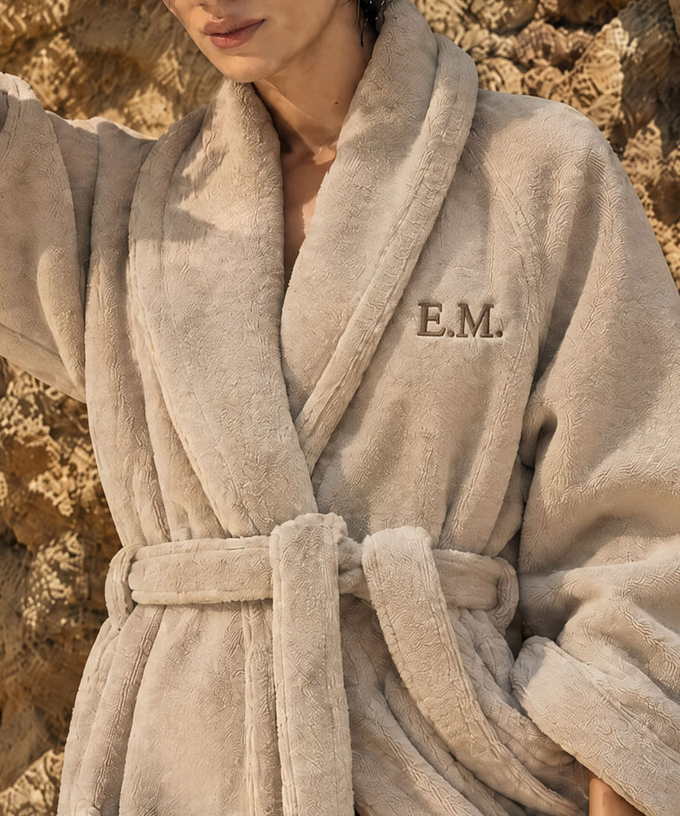 Bathrobe zero-twist cotton with embroidery | Latte