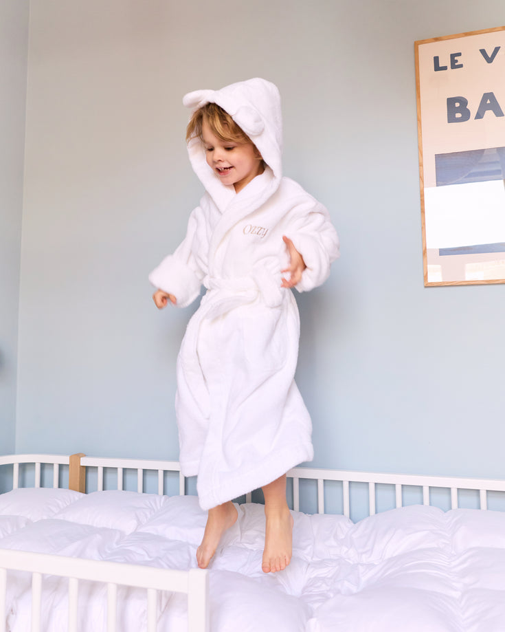 Bathrobe Kids zero-twist cotton with embroidery | White