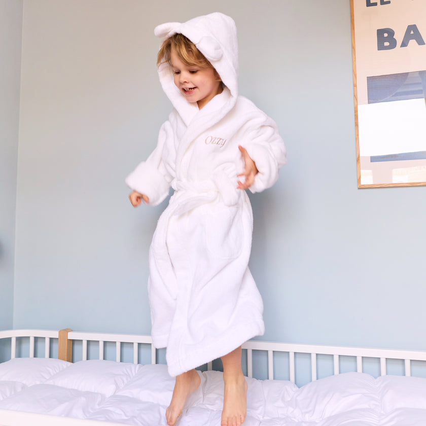 Bathrobe Kids zero-twist cotton with embroidery | White