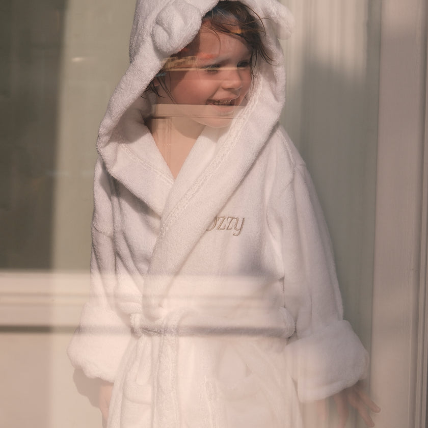 Bathrobe Kids zero-twist cotton with embroidery | White