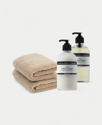 2x Guest Towel Latte & Marie-Stella-Maris Hand Wash + Hand Lotion Lemon Notes 2x Guest Towel Latte & Marie-Stella-Maris Hand Wash + Hand Lotion Lemon Notes